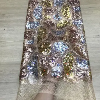 

Rose Gold Sequins Lace Fabric 2019 Bule sequins Nigerian Laces Fabric High Quality French Tulle Lace Fabric For Women Dress