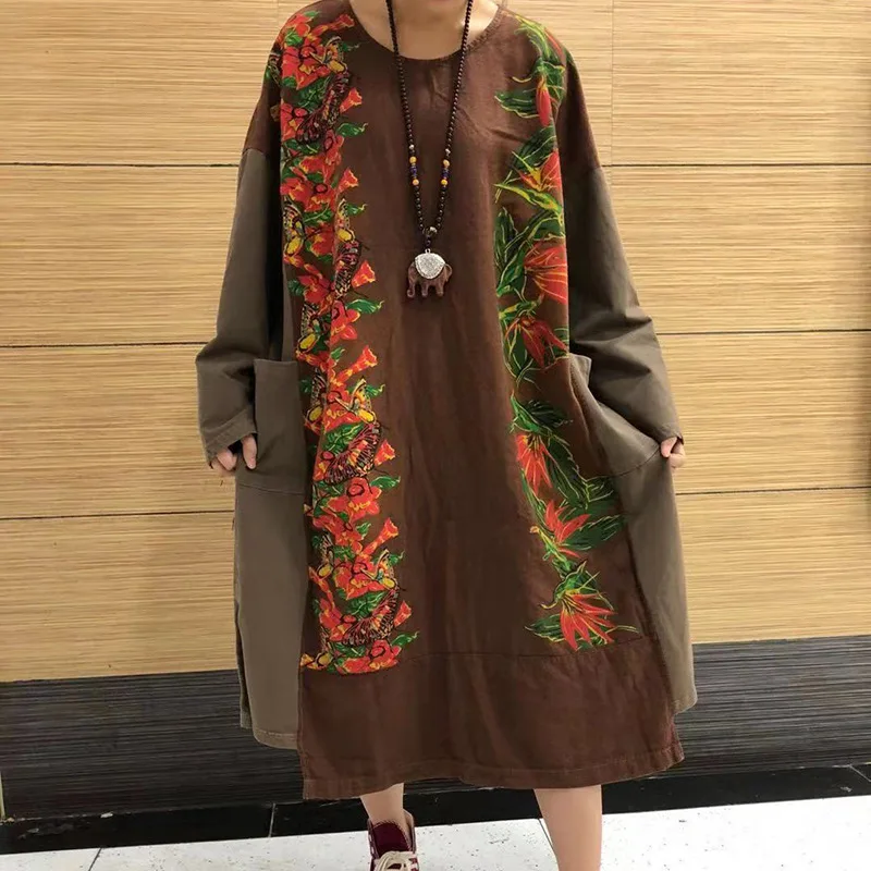 

Manufacturers Direct Selling March New Style Printed Retro Literature And Art Large Size Splicing Dress Long Hoodie
