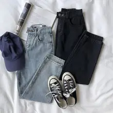 Винтажные Женские джинсовые штаны до щиколотки, прямые эластичные джинсы с высокой талией, синие Черные джинсы на осень и зиму