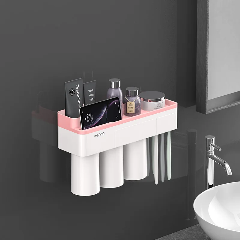ONEUP магнитный держатель для зубных щеток с адсорбцией, чехол с 4 чашками, домашняя стойка для хранения для ванной комнаты, настенные аксессуары для ванной комнаты - Цвет: Pink 3 Cups
