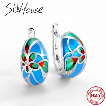 

Silver Earrings For Women Authentic 925 Sterling Silver Shimmering Blue enamel with Cubic Zirconia Glamorous Fine Jewelry