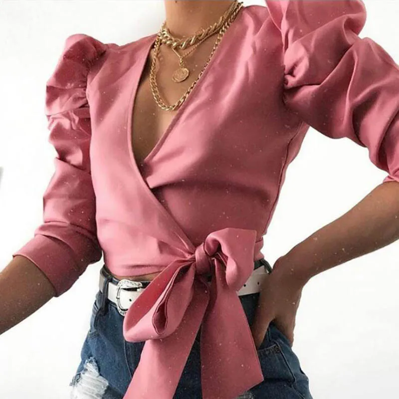 Pink Fanbety, осенняя Сексуальная Блузка с галстуком-бабочкой, рубашки, женские пышные однотонные Топы с длинным рукавом, женская мода, уличная одежда, блузы, рубашки 2XL - Цвет: Pink