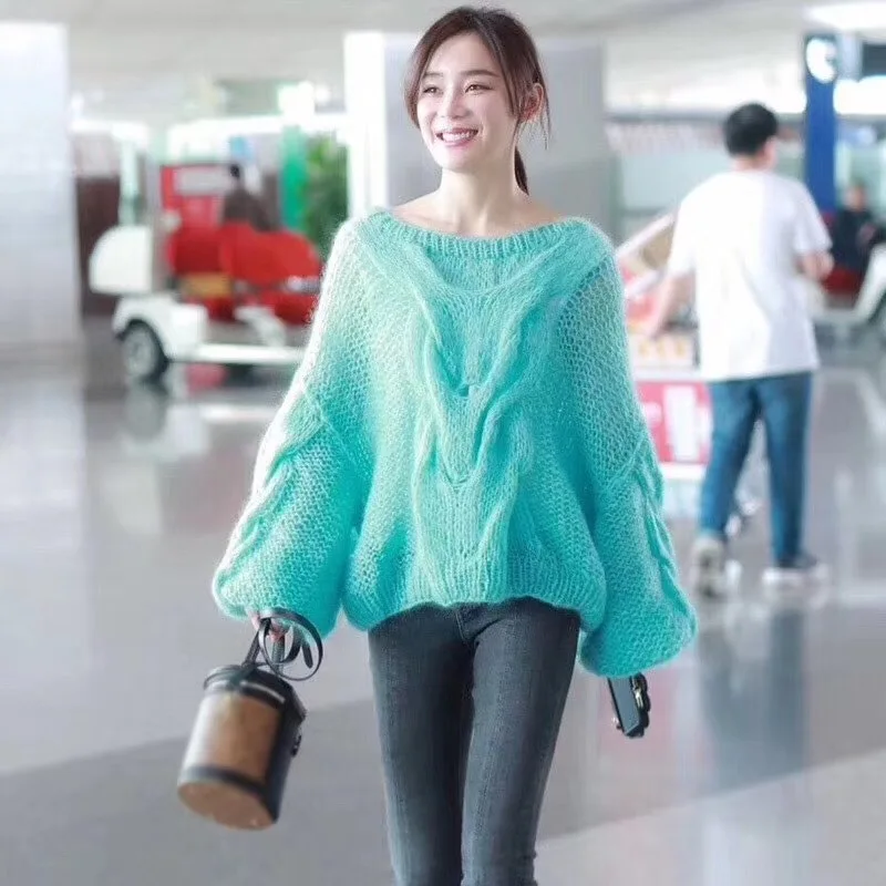

2019 Yuan Shanshan Star Celebrity Style Puff Sleeve Loose-Fit Slimming Linen Flower Color Thick Needle Sweater Entirely Handmade