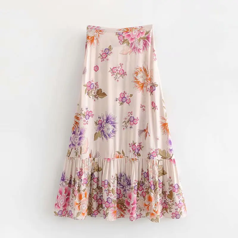 pink Винтажные шикарные модные хиппи женские сетчатые сшитые богемные птицы с цветочным принтом элегантные черные юбки в стиле бохо женские большие размеры - Цвет: pink