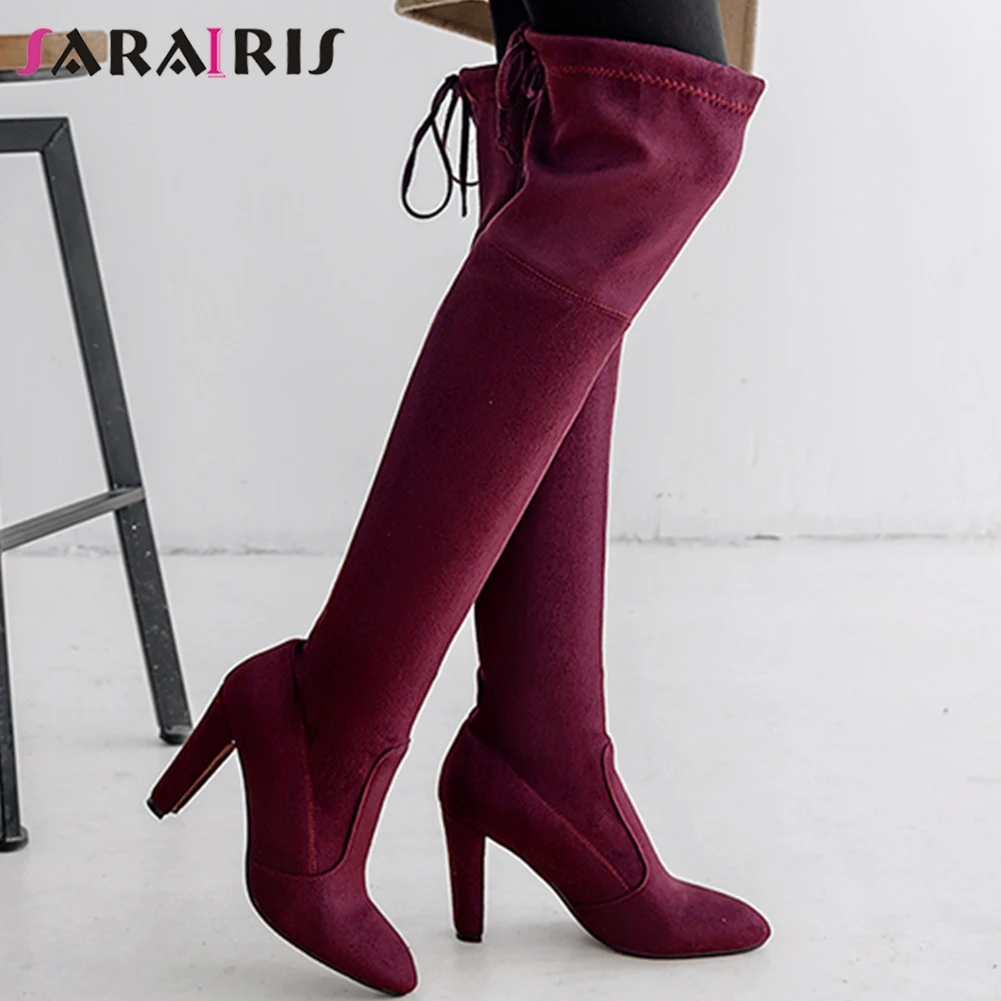

SARAIRIS Over The Knee Boots Women Pointed Toe 6 Colors Stretch Boots Sexy High Heels Ladies Party Shoes Plus Size 33-46