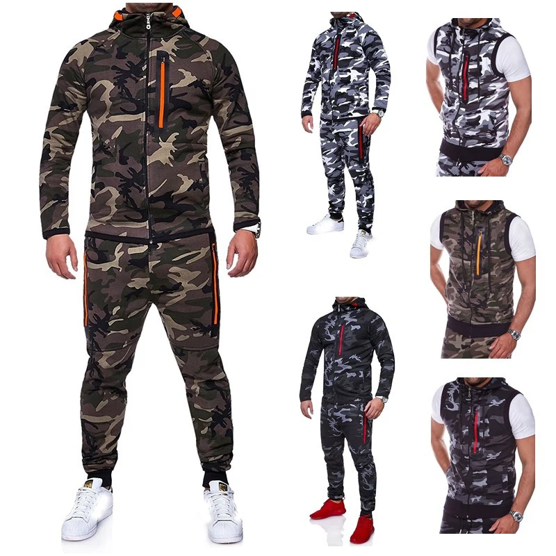 

ZOGAA New Men' Fashion 2 Parts Hooded Sweatshirt and Sport Pants Set Camouflage Mandarin Collar Zipper Fly Military Full Sleeve