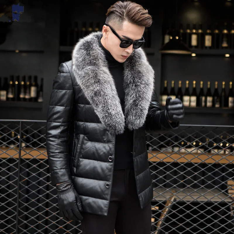 

Leather Jacket Men Winter Thick Warm Second Layer of Sheepskin Coat for Men Down Jacket Fox Fur Collar Outwear LWL1088