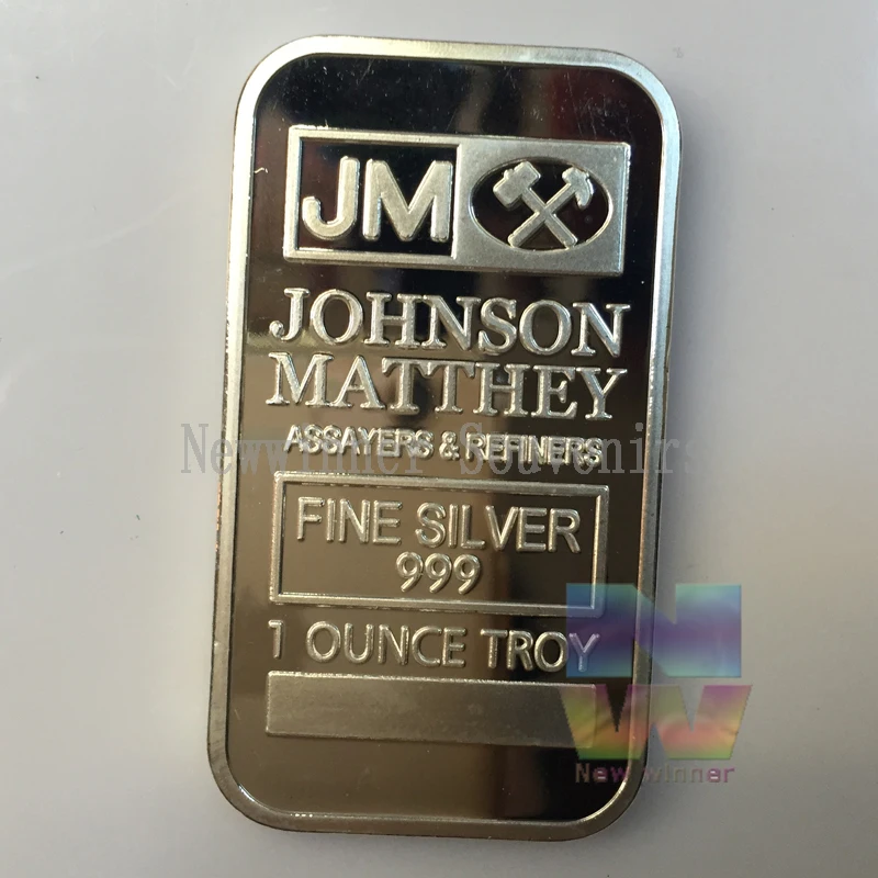 Non magnetic Johnson Matthey JM bullion bar 1 OZ .999 silver plated ingot badge 50 mm x 28 mm home decoration bars