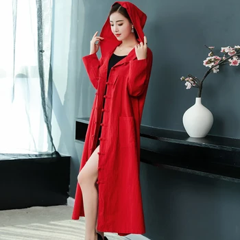 

cotton and linen women trench coat 2019 autumn winter new India Folk Style solid hooded red long cloak female outwear coat tops