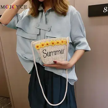 

Straw Bucket Women Messenger Bag Knitting Korean Girls Floral Rope Beach Holiday Crossbody Bags for Women
