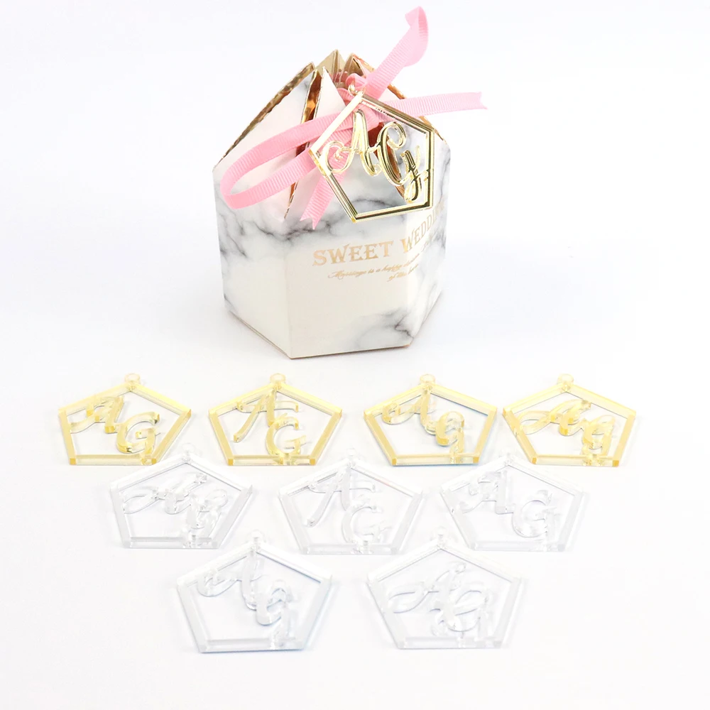 Personalized custom Acrylic wedding name and Initials Logo tags for Baby Favors Mirror silver and golden Wedding Decor