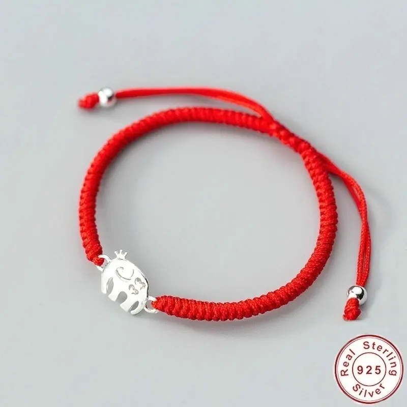 

12-22CM Hand-knitted Red Rope S925 Sterling Silver Elephant Bracelet for Child Women Adjustable Bracelet Fine Jewelry