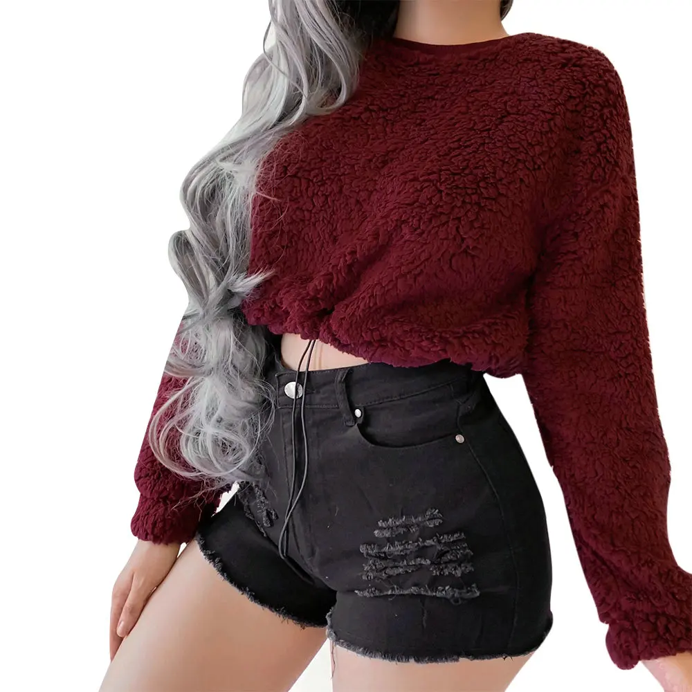 

Women Plush Short Pulloves Jackets Winter Warm Long Sleeve Streetwear Sweatshirts O-Neck Solid Short Coats Female Clothing 2019