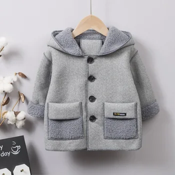 

Children's Clothes Autumn and Winter Coats Boys' Hooded Jacket Long British Style Kids Baby Fashion Handsome Plus Velvet Tops