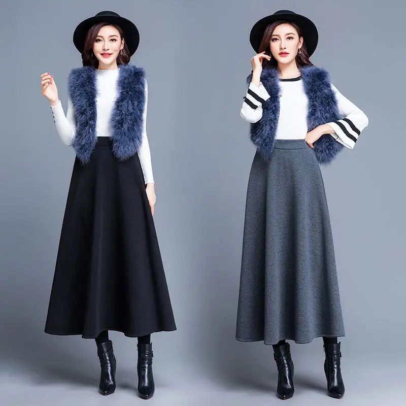 

2019 Autumn Winter Fashion Women High Waist Woolen Skirts Streewear Wool Long A-Line Skirt Ladies Casual Plus Velvet Skirt Z147
