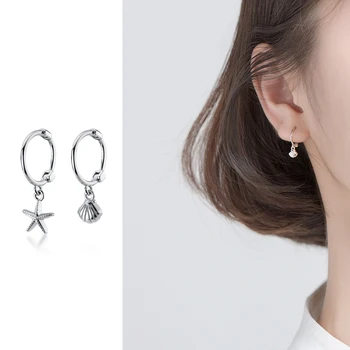 

Mocanie Asymmetry Shell Starfish Hight Quality 925 Sterling Silver Hoop Earring for Women Fashion Earring Party Fine Jewelry