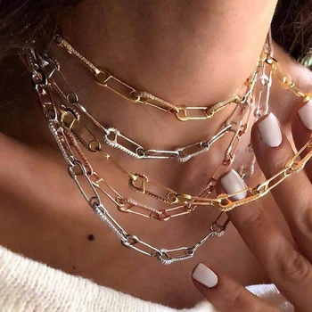 

Unique women cloth pin shape chain jewelry Gold color micro pave cz safety pin link chain choker necklace 32+8cm for wedding