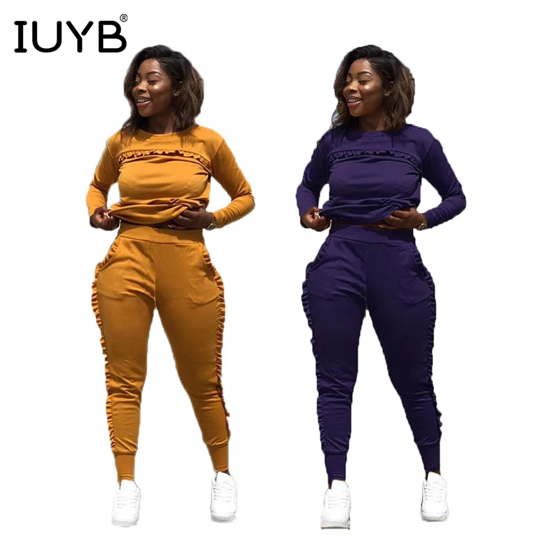 IUYB/весна,, повседневные женские комплекты из 2 предметов, 2 цвета, облегающие комплекты, женские длинные Комбинезоны с круглым вырезом и длинными рукавами MK1018