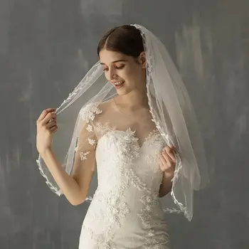 

2 Tier White Tulle Elbow Length Wedding Veil Imitation Pearl Leaf Ribbon Trim Bridal Party Classic Hair Accessories with Comb