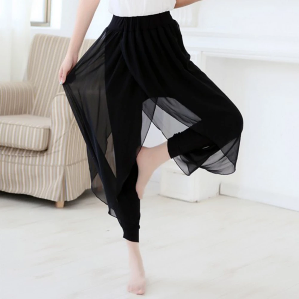

Women Elastic Waist Solid Wide Leg Loose Casual Pleated Chiffon Capri Palazzo Pants Solid color chiffon waist Harlan casual pant