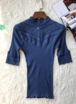 

Women Shirt Mid-sleeve Half-high Collar Slim Fit Thin Stitching Lace Elastic Bottoming Shirt