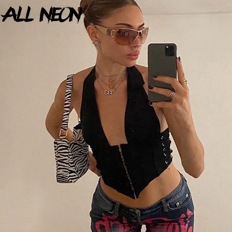 ALLNeon 2000s эстетичный Черный корсет с открытой спиной модные сексуальные топы на