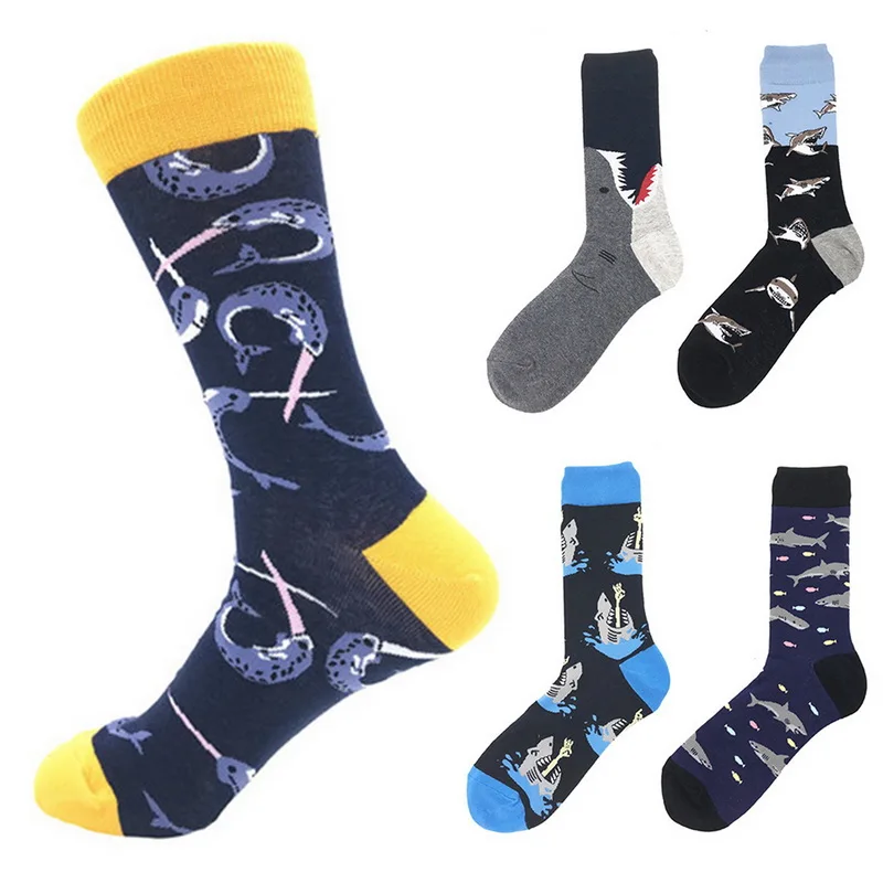 Dihope Casual Combed Cotton Men's Socks Tend Harajuku Street Hip Hop Funny  Colorful Shark Pattern Long Sock For Men