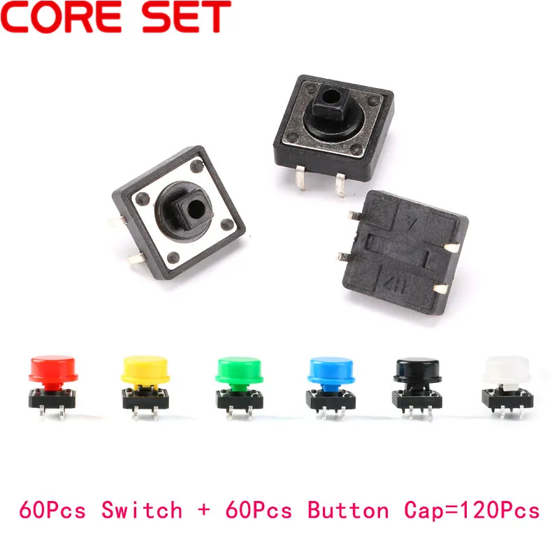 

120Pcs=60pcs Plastic Tactile Switch PCB Tact Push Button Momentary Switch 4 Pins + 60pcs 6 Color Button Cap 12*12*7.3mm