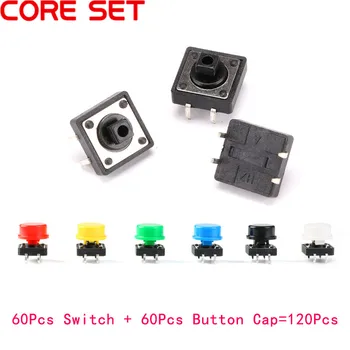 

120Pcs=60pcs Plastic Tactile Switch PCB Tact Push Button Momentary Switch 4 Pins + 60pcs 6 Color Button Cap 12*12*7.3mm