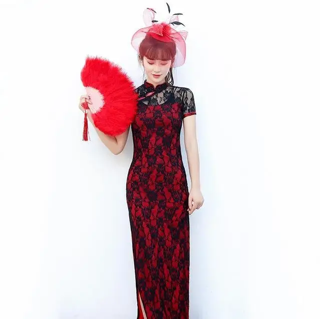 Элегантное кружевное женское длинное Qipao сексуальное тонкое вечернее платье размера плюс для выступления на сцене Cheongsam - Цвет: Color 1