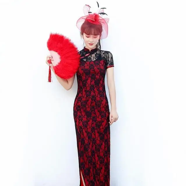 Color 1 Элегантное кружевное женское длинное Qipao сексуальное тонкое вечернее платье размера плюс для выступления на сцене Cheongsam - Цвет: Color 1