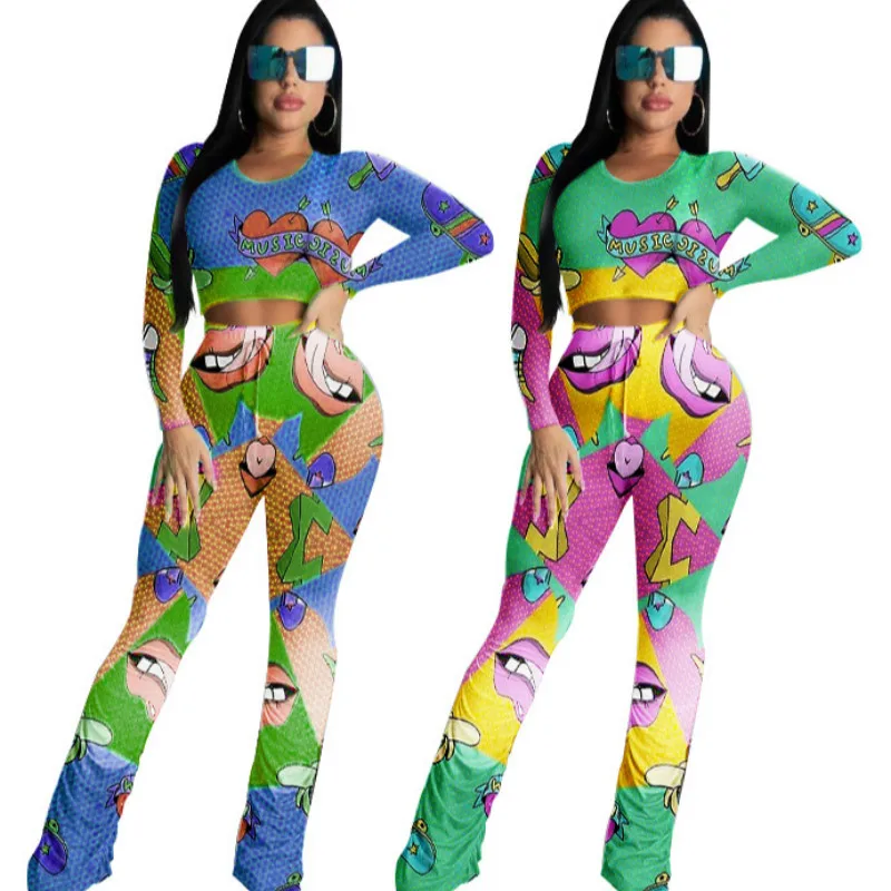 

2020 Autumn Women Suit Hot Style Model Graffiti Print Long Sleeves & Ruched Trousers European And American Fashion 2 Piece Set