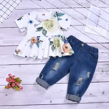 

2020 Custom Fashion Summer Kids Girls Clothing Sets 2 pcs White Ruffle T-shirt Pant Set for Girls Clothes 4 Years