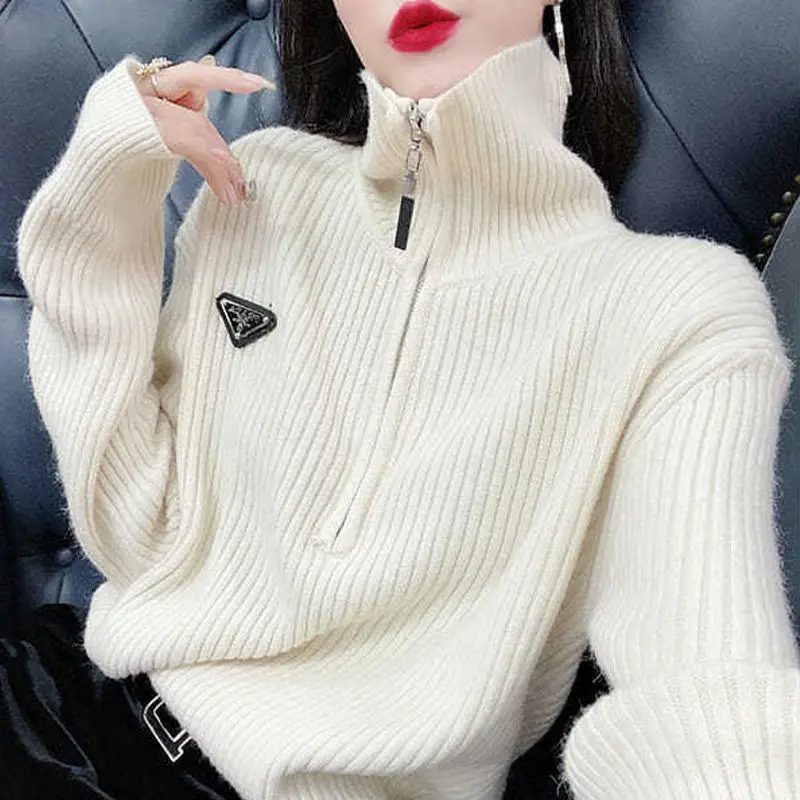 Свитер с высоким воротом Женский трикотажный винтажный пуловер оверсайз