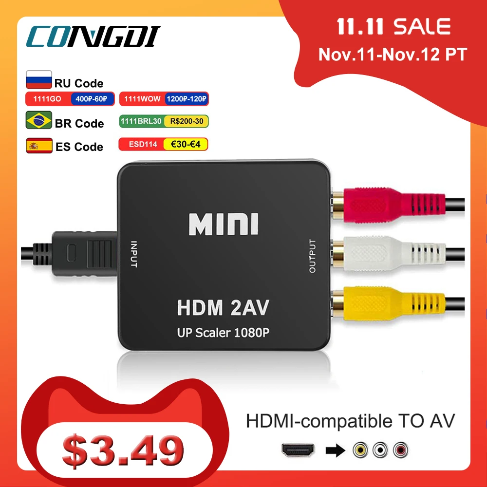 Адаптер-преобразователь HDMI-совместимый с AV RCA CVSB L/R 1080P | Электроника