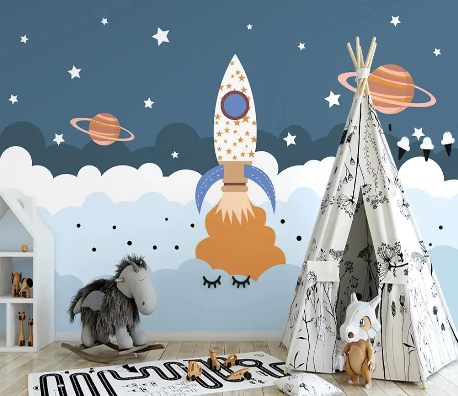 Childrens room background wallpaper Customized modern Nordic hand painted pink clouds starry sky 28 QQ截图20200513231935