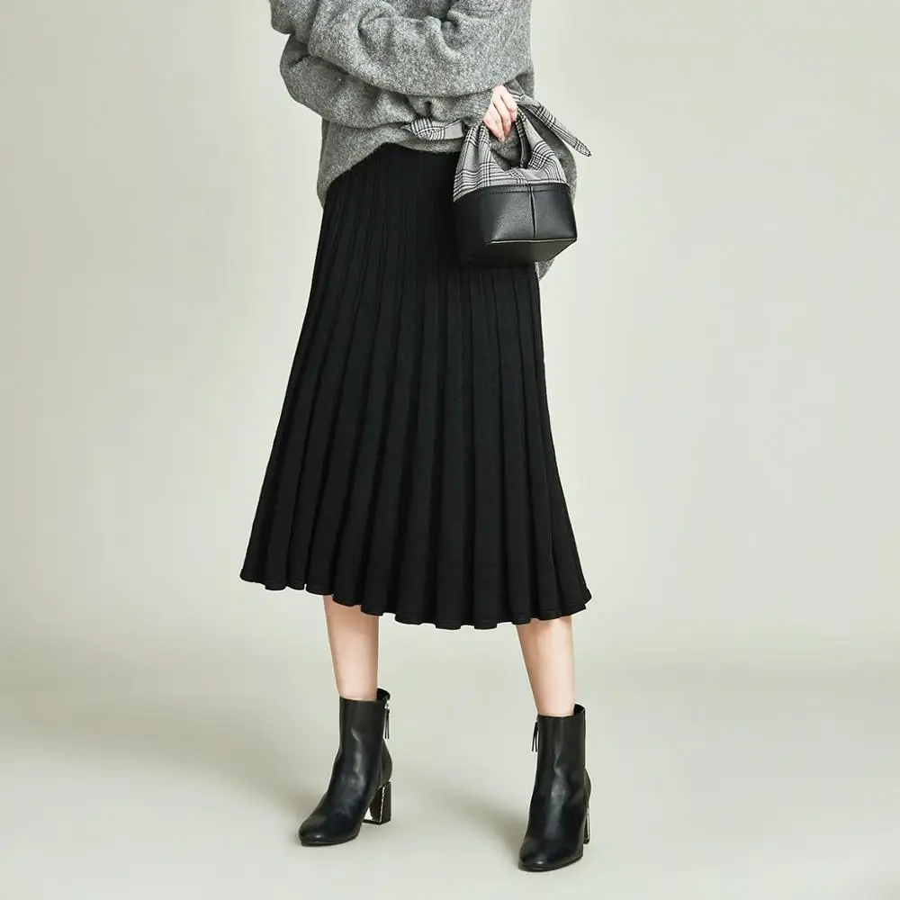 Havva Herfst En Winter Nieuwe Zwarte Geplooide Hoge Taille Midi A-lijn Rok Q4558 Havva Herfst En Winter Nieuwe Zwarte Geplooide Hoge Taille Midi A-lijn Rok Q4558