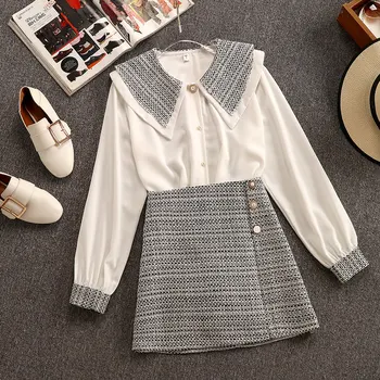 

2019 Autumn New Fashion Doll Collar Long Sleeve White Shirt + High Waist Short Skirt Two-piece Student Lady's Skirt Suits