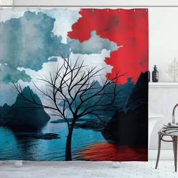 

Lonely Tree Shower Curtain, Ocean Mountains with Blurred Background Idyllic Nature Photo, Cloth Fabric Bathroom Decor Set with
