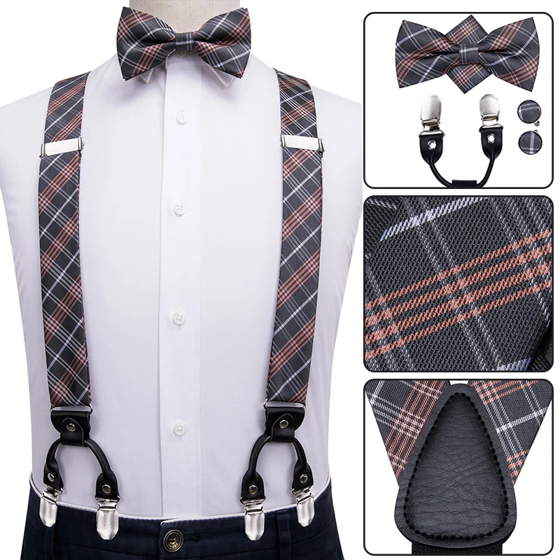 Hi-Tie, шелковые, для взрослых, мужские подтяжки, набор, кожа, металл, 6 зажимы подтяжек, золотые, коричневые, цветочные, винтажные, мужские, эластичные, свадебные подтяжки