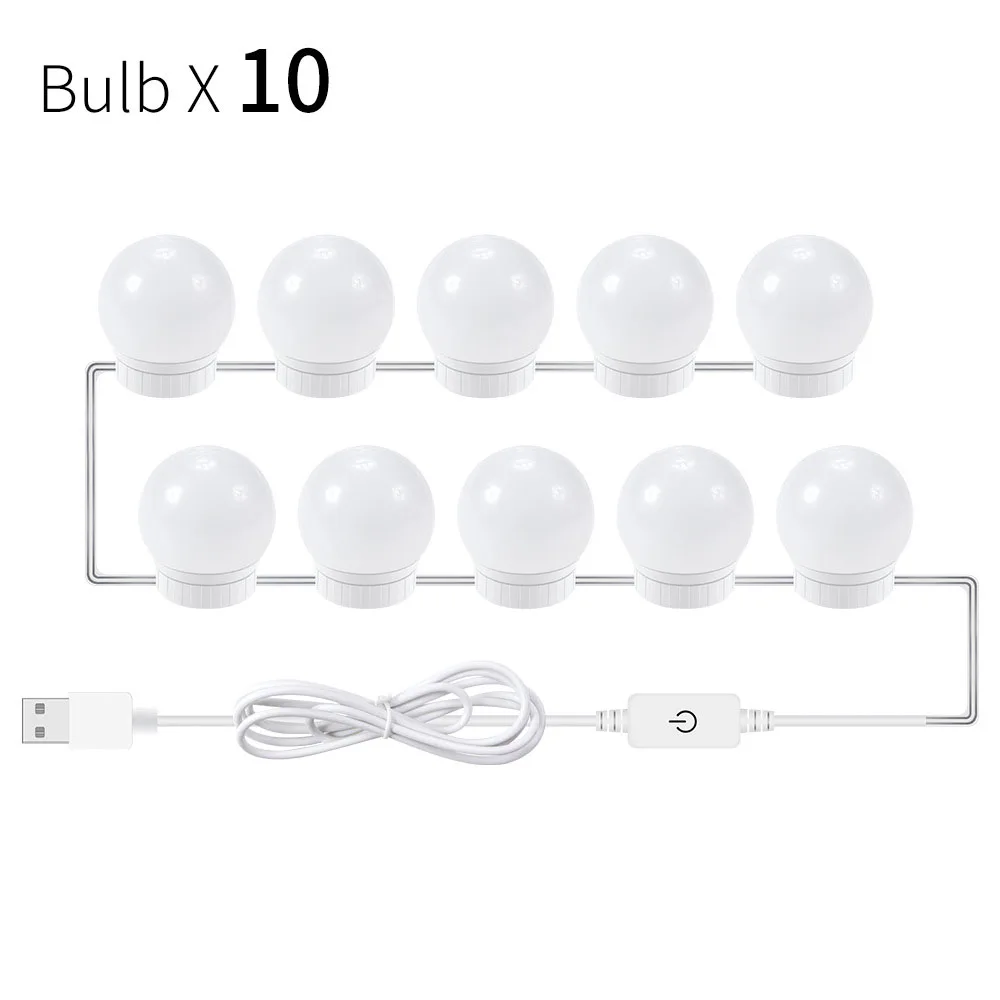 10 Bulbs USB светодиодный зеркальный светильник, лампы для макияжа, туалетный столик, зеркальный светильник s, голливудская зеркальная лампа, туалетное зеркало, Косметическая лампа с регулируемой яркостью - Испускаемый цвет: 10 Bulbs