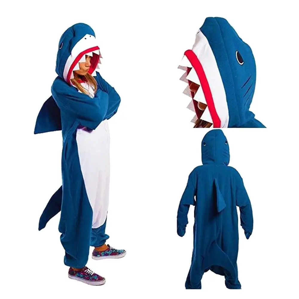 Shark Зимняя теплая Пижама унисекс для женщин и мужчин с изображением животных, Стич тигра, единорога, комплекты одежды для сна с капюшоном - Цвет: Shark