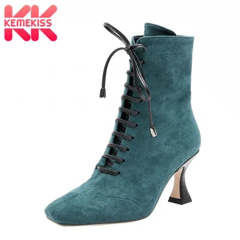 

KemeKiss Cross-Tied Square Toe Ankle Boots For Women Shoes Zipper Stretch Thin Heels Shoes Women Outdoor Footwear Size 33-43