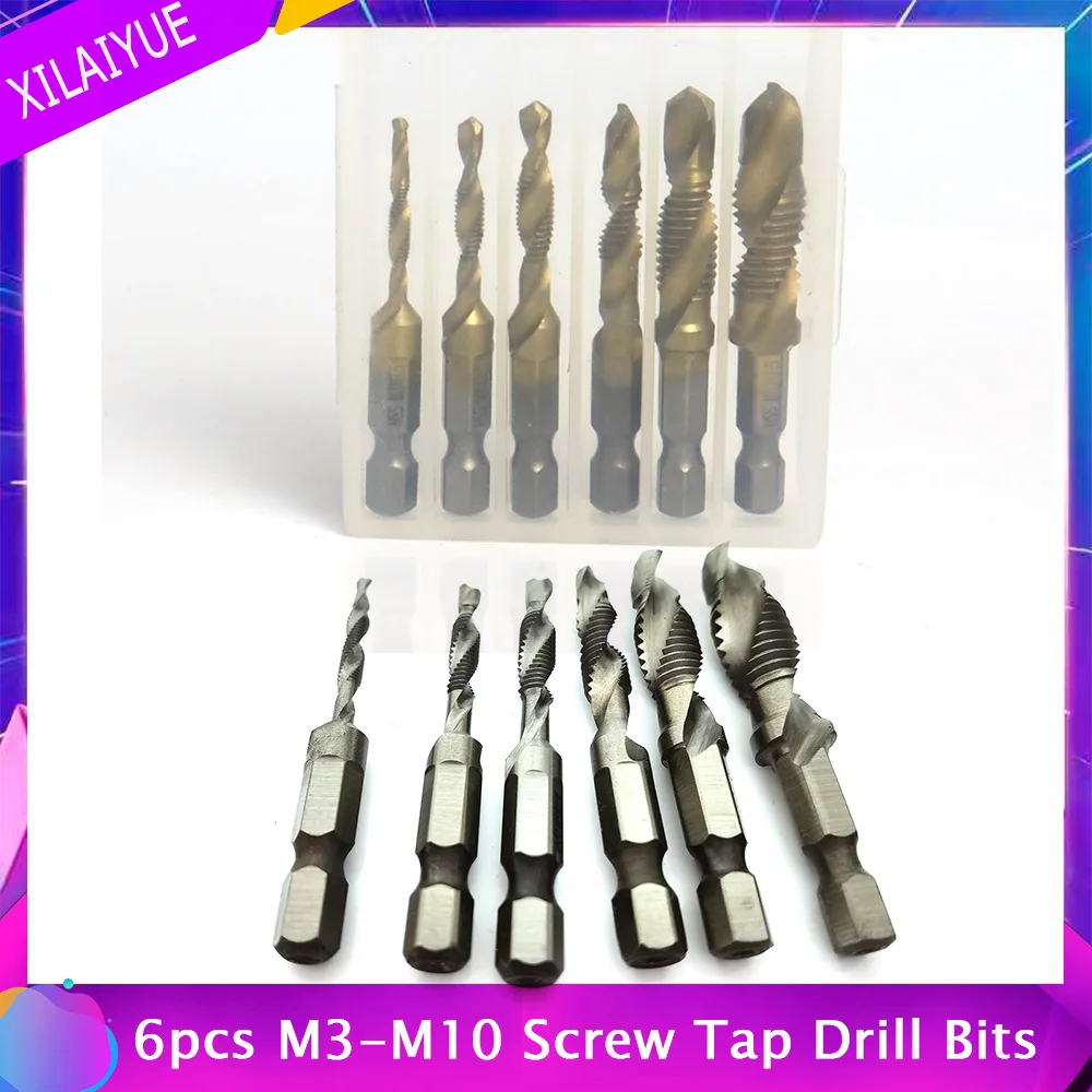 

6pcs Tap Drill Sets Titanium Plated Hex Shank HSS Screw Thread Metric Tap Drill Bits Machine Compound Hand Tools M3 M4 M5 M6 M8