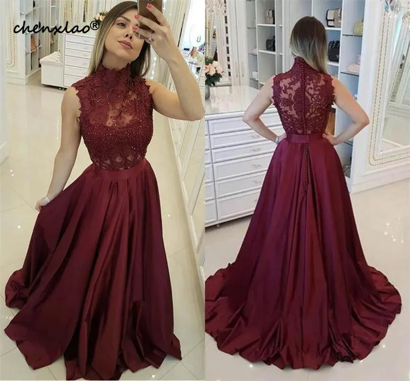 Charming High Neck Burgundy Evening Dresses Lace Satin Illusion Formal Party Gowns Appliques Sequined vestidos de festa