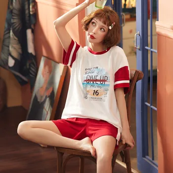 

Thin section cotton ladies two-piece pajamas 2020 summer female short sleeve shorts cotton comfortable pajamas Student home
