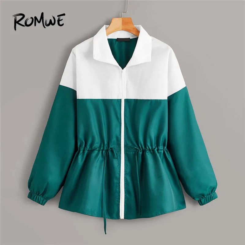 

ROMWE Zip Up Drawstring Waist Two Tone Jacket Zip Up Coat Womens Jackets and Coats 2019 Fall Sporty Jacket Female Clothes