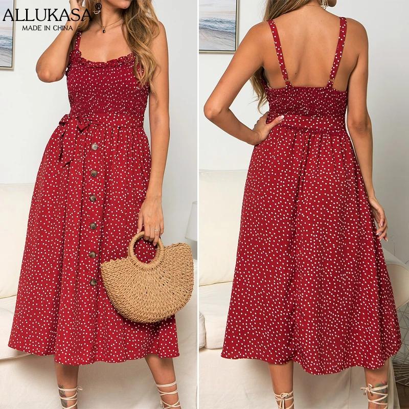 

Allukasa Summer Sleeveless Dress Women Sexy Strapless Bow Button Fashion Loose Bandage Pleated Polka Dot Casual Backless Dresses