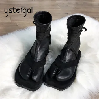 

Ystergal 2020 Split Toe Design Women Flat Boots Elastic Sock Boots Soft Leather Straps Short Booties Autumn Winter Shoes Woman