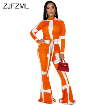 

Contrast Color Spliced Two Piece Set Women Tracksuit Long Sleeve Sashes Top+ Long Flare Pant Fall Winter Plus Size Matching Set